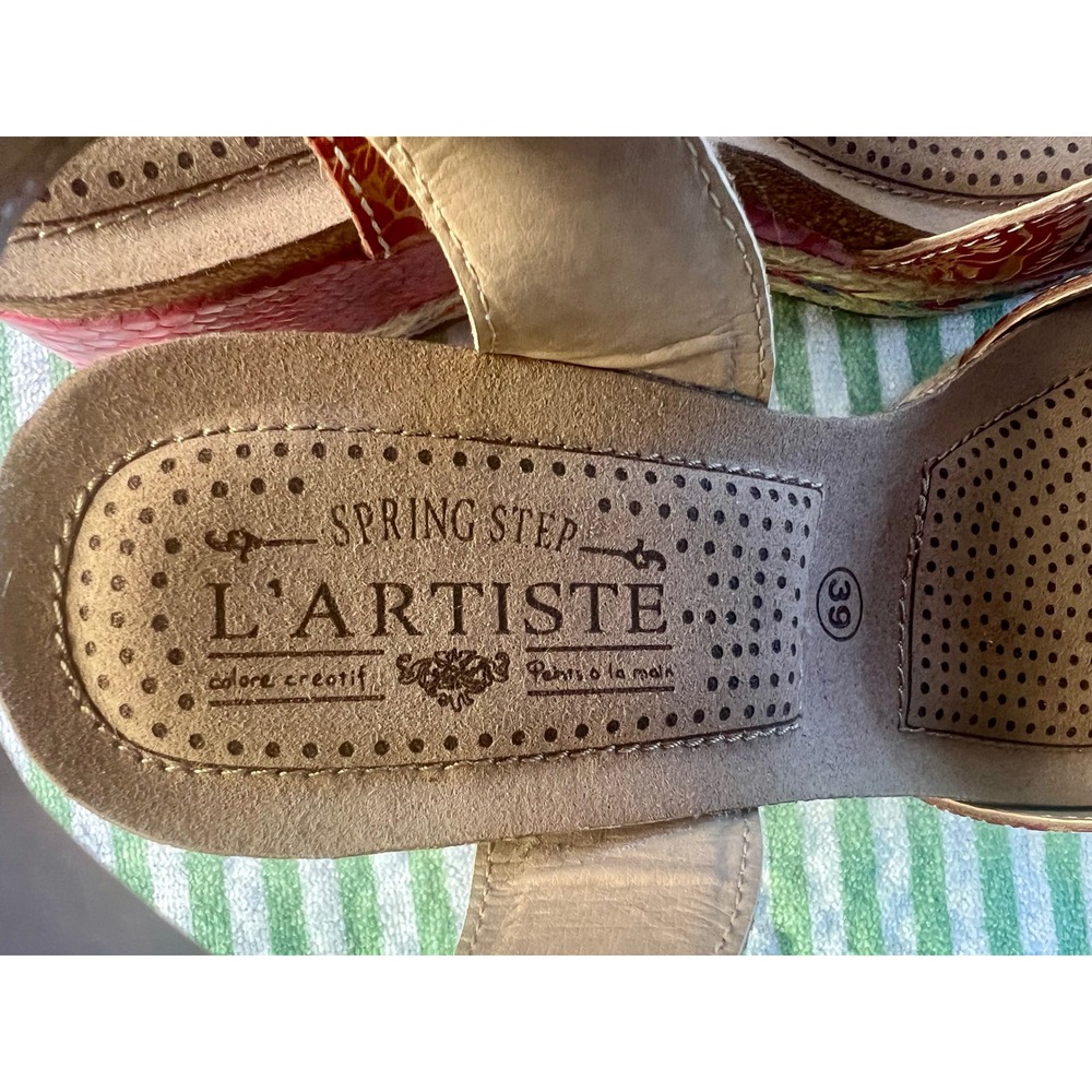 Spring Step LArtiste Red Floral Leather Wedge Sandals Sunflower Womens 39 NEW - Picture 6 of 8